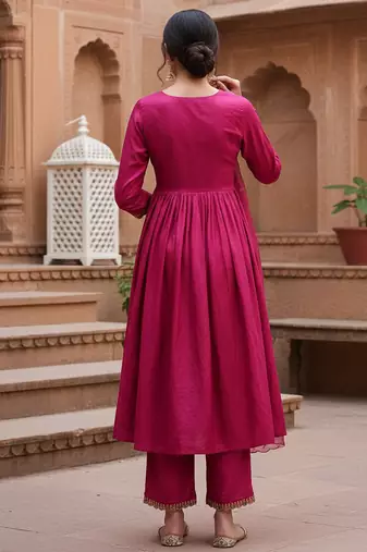 pink color embroidered silk blend styles kurta trouser with dupatta