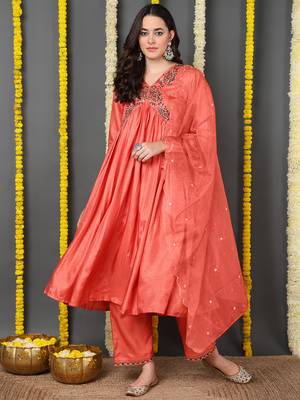 orange color embroidered silk blend styles kurta trouser with dupatta 1