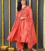 orange color embroidered silk blend styles kurta trouser with dupatta