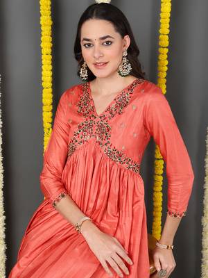 orange color embroidered silk blend styles kurta trouser with dupatta 2