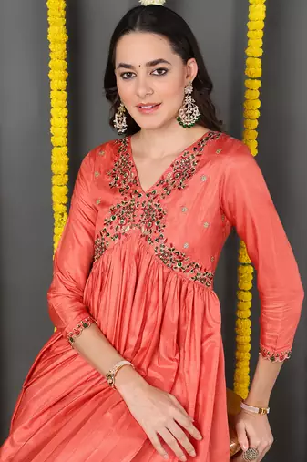 orange color embroidered silk blend styles kurta trouser with dupatta