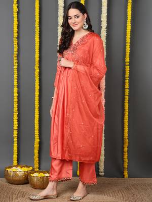 orange color embroidered silk blend styles kurta trouser with dupatta 3