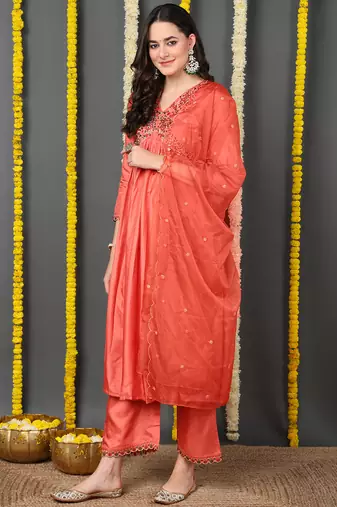 orange color embroidered silk blend styles kurta trouser with dupatta