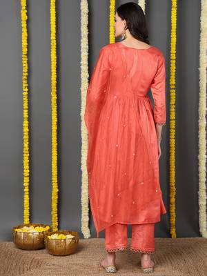 orange color embroidered silk blend styles kurta trouser with dupatta 4