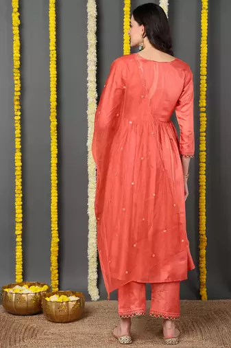 orange color embroidered silk blend styles kurta trouser with dupatta