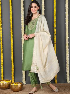 green color embroidered silk blend styles kurta trouser with dupatta 1
