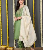 green color embroidered silk blend styles kurta trouser with dupatta