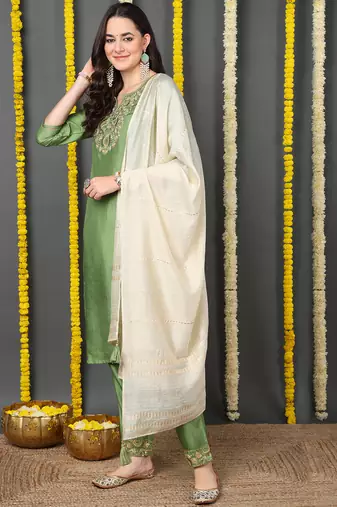 green color embroidered silk blend styles kurta trouser with dupatta