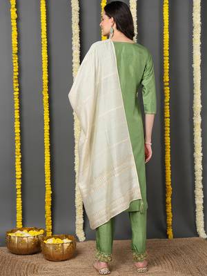green color embroidered silk blend styles kurta trouser with dupatta 3