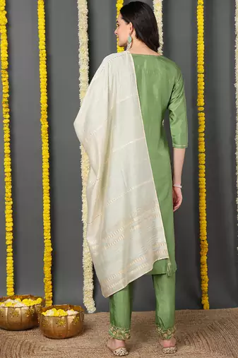 green color embroidered silk blend styles kurta trouser with dupatta