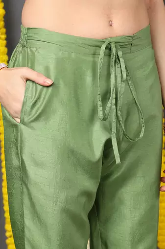 green color embroidered silk blend styles kurta trouser with dupatta