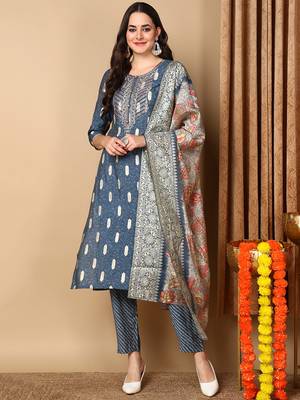 blue color embroidered silk blend styles kurta trouser with dupatta 1