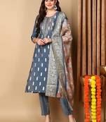 blue color embroidered silk blend styles kurta trouser with dupatta