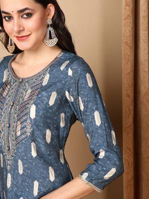 blue color embroidered silk blend styles kurta trouser with dupatta 2