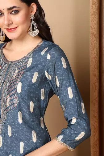 blue color embroidered silk blend styles kurta trouser with dupatta