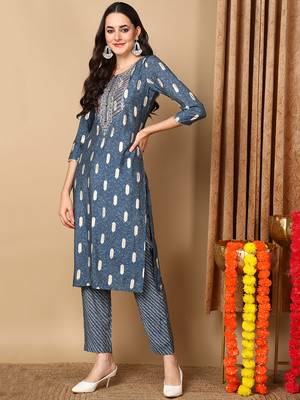 blue color embroidered silk blend styles kurta trouser with dupatta 3
