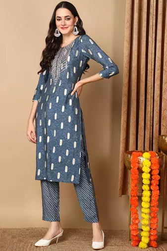 blue color embroidered silk blend styles kurta trouser with dupatta