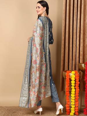 blue color embroidered silk blend styles kurta trouser with dupatta 4