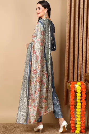 blue color embroidered silk blend styles kurta trouser with dupatta