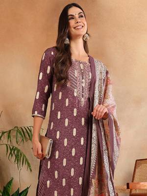 mauve color embroidered silk blend styles kurta trouser with dupatta 1