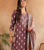mauve color embroidered silk blend styles kurta trouser with dupatta