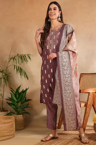 mauve color embroidered silk blend styles kurta trouser with dupatta