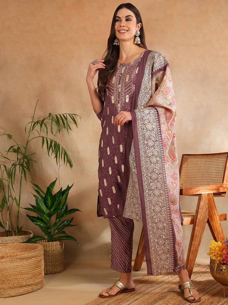 mauve color embroidered silk blend styles kurta trouser with dupatta