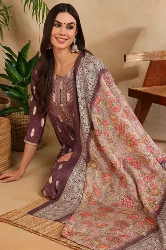 mauve color embroidered silk blend styles kurta trouser with dupatta