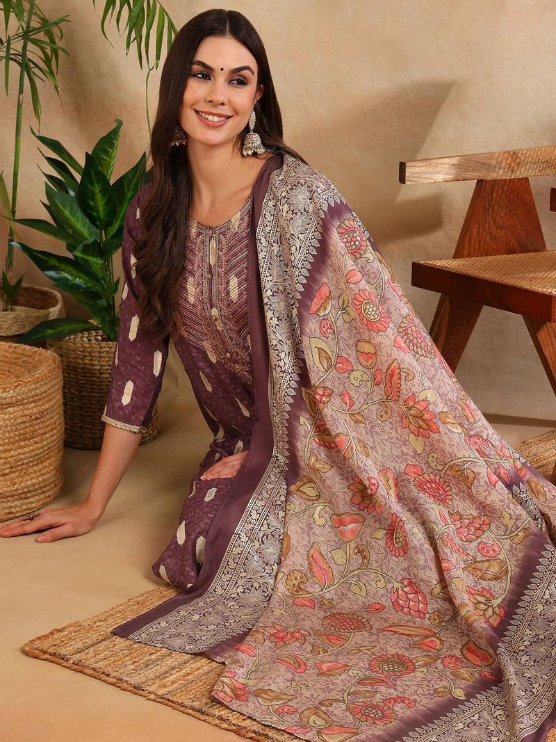 mauve color embroidered silk blend styles kurta trouser with dupatta