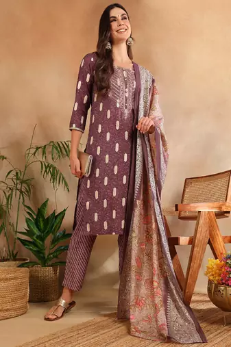 mauve color embroidered silk blend styles kurta trouser with dupatta