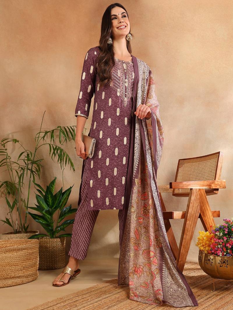 mauve color embroidered silk blend styles kurta trouser with dupatta