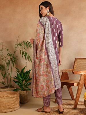 mauve color embroidered silk blend styles kurta trouser with dupatta 5