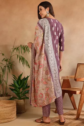 mauve color embroidered silk blend styles kurta trouser with dupatta