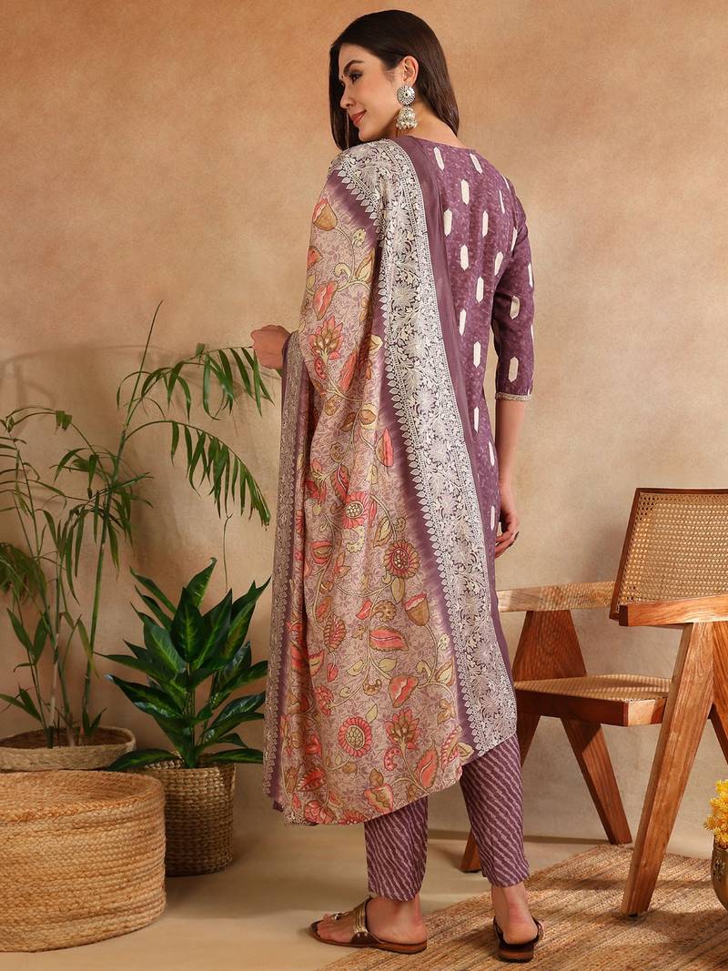 mauve color embroidered silk blend styles kurta trouser with dupatta