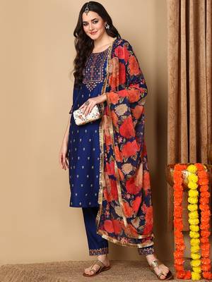 navy blue color embroidered silk blend styles kurta trouser with dupatta 1