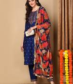 navy blue color embroidered silk blend styles kurta trouser with dupatta