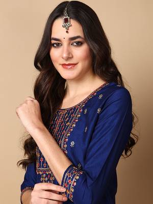 navy blue color embroidered silk blend styles kurta trouser with dupatta 2