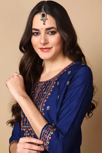 navy blue color embroidered silk blend styles kurta trouser with dupatta