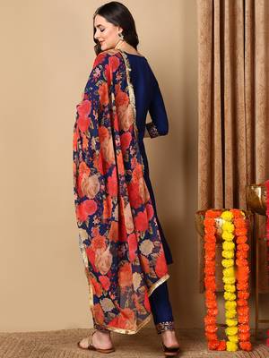 navy blue color embroidered silk blend styles kurta trouser with dupatta 3