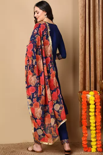 navy blue color embroidered silk blend styles kurta trouser with dupatta