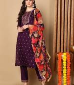 purple color embroidered silk blend styles kurta trouser with dupatta
