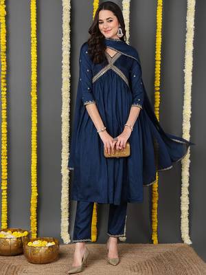 navy blue color embroidered silk blend styles kurta trouser with dupatta 1