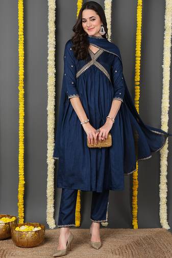 navy blue color embroidered silk blend styles kurta trouser with dupatta