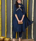 navy blue color embroidered silk blend styles kurta trouser with dupatta