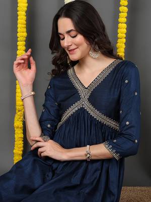 navy blue color embroidered silk blend styles kurta trouser with dupatta 2