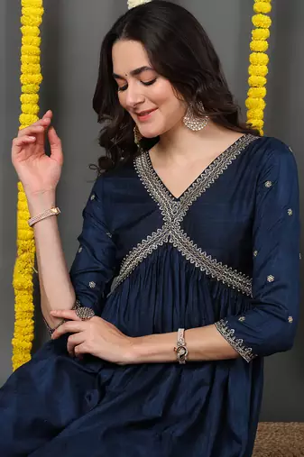 navy blue color embroidered silk blend styles kurta trouser with dupatta