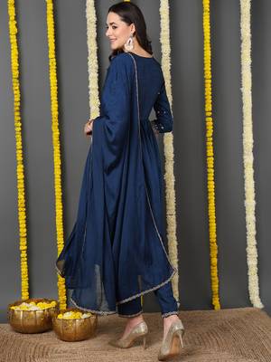 navy blue color embroidered silk blend styles kurta trouser with dupatta 3