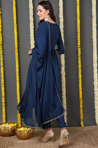 navy blue color embroidered silk blend styles kurta trouser with dupatta
