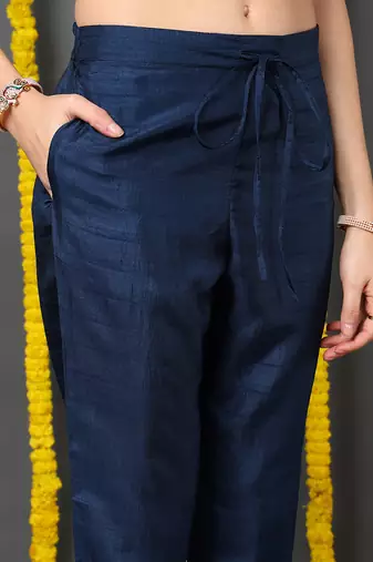navy blue color embroidered silk blend styles kurta trouser with dupatta