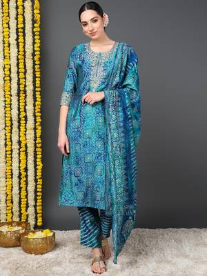 teal color printed polyester styles kurta trouser with dupatta 1